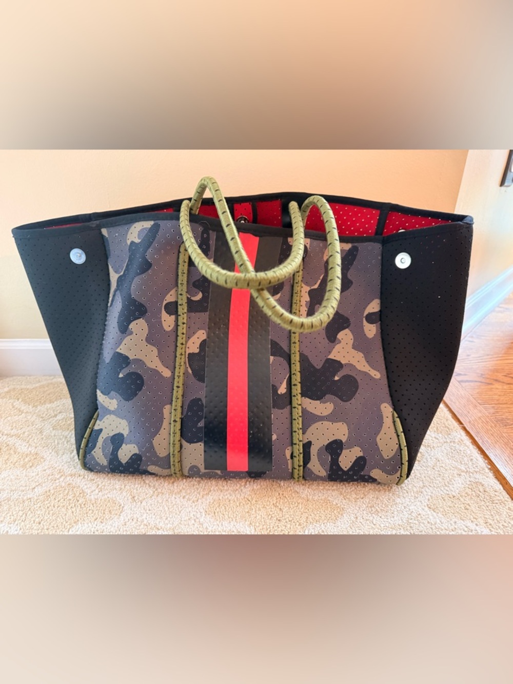 Camouflage Neoprene Tote with Red Stripe